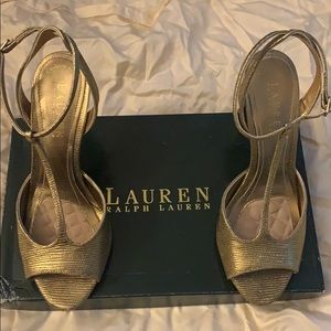 Ralph Lauren gold t strap heels, size 6.5